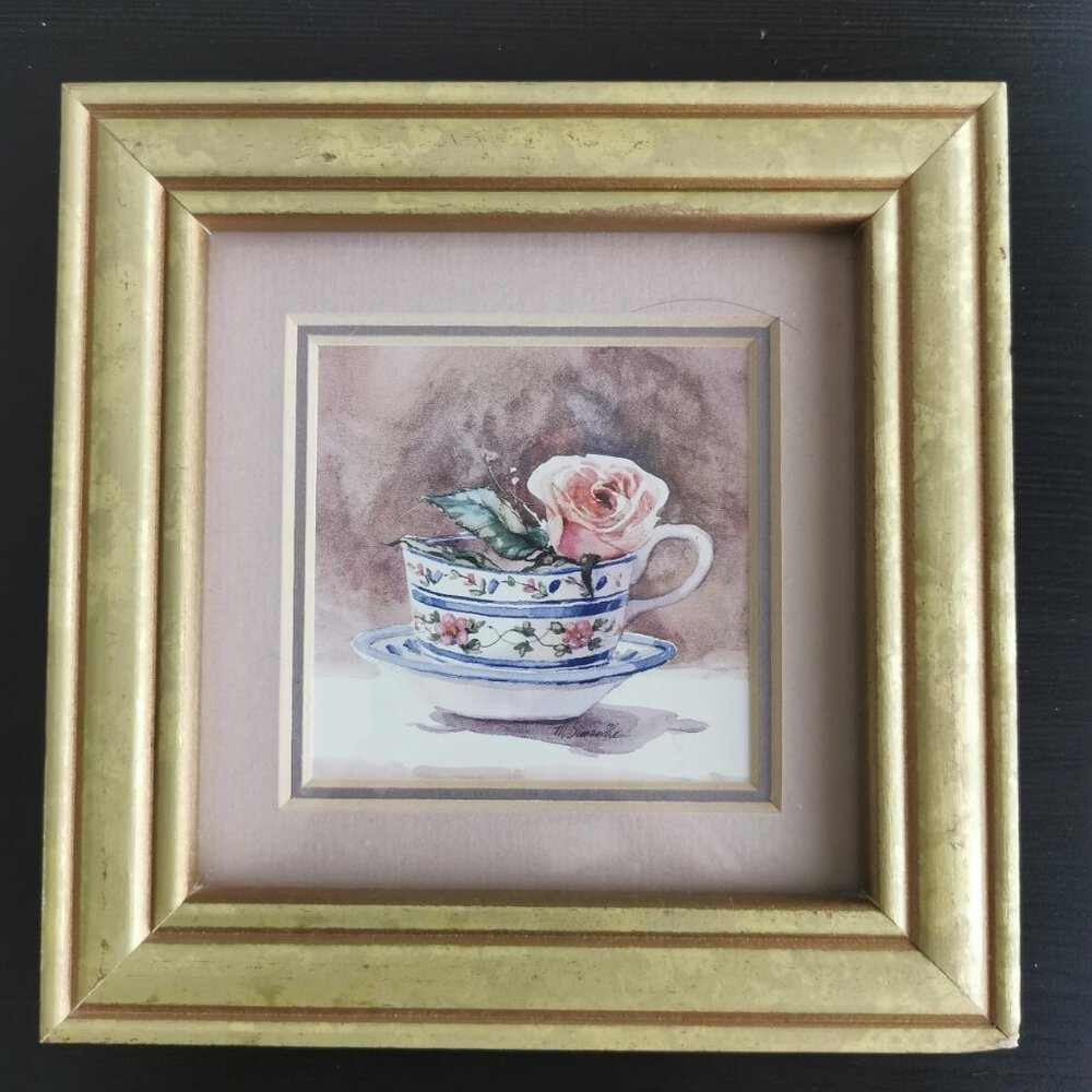 Vintage Marilyn Simandle Framed "English Teatime" Print, Watercolor Teacup Paint